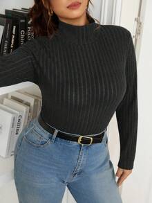 SHEIN Frenchy Plus Solid Ribbed Slim Fit Mock Neck Knit Tee - Dark Grey - View 3