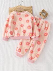 Cozy Pixies 两件套女童柔软针织圆领长袖卫衣和松紧腰裤套装 - 淺粉色 - 查看 2