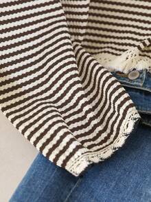 CosyJoli Women's Plus Size Round Neck Tassel Hem Striped T-Shirt, Casual All-Match Versatile Plus Size Tee/Fall/Winter Striped Long Sleeve Knit Tops Stripe Top Striped Sweater - Brown - View 3