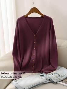 CosyJoli Cárdigan de manga larga con botones y unicolor, informal y holgado, para mujer de talla grande en otoño/invierno - Rojo violeta - Ver 1
