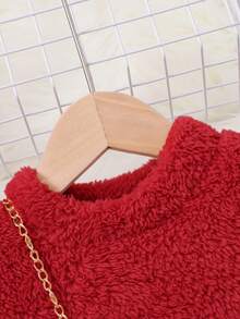 SHEIN Váy len hai mặt trơn màu ngọt ngào thời trang cho bé gái kèm túi đeo chéo - Đỏ - Xem 4