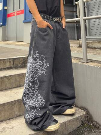 Street Life Herren Loose Fit Jeans mit Drachen Stickerei