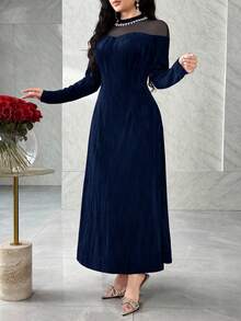 Modelyn Elegant Bara Axlar Med Strassutsmyckad Långärmad Vinröd Festklänning - Marinblå - Visa 3