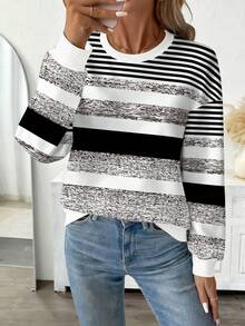 EMERY ROSE Fashionable Striped Shiny Women's Drop Shoulder Crew Neck Sweatshirt - Multicolor - View 3
