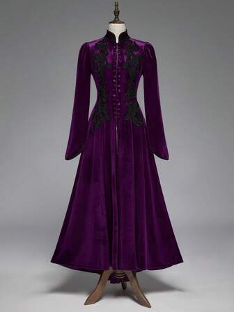 Goth Chaqueta larga de terciopelo con ribete de encaje de estilo palaciego retro gótico de color contrastante para mujeres