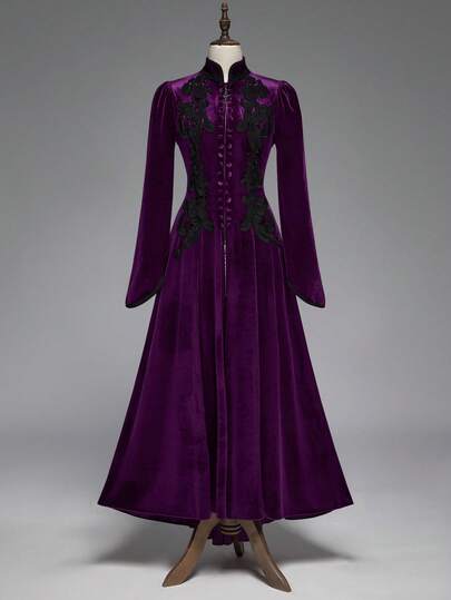 Goth Chaqueta larga de terciopelo con ribete de encaje de estilo palaciego retro gótico de color contrastante para mujeres