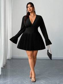 Elenzga Plus-Size Women's Deep V-Neck Skirt With Gathered Cuffs New Year Dress - Black - View 5