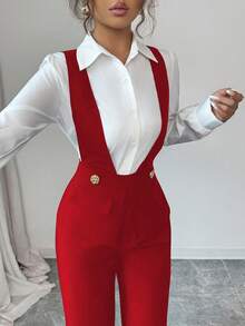 SHEIN Elenzya Women's Black Thick Fabric Deep V-Neck Waist Design Elegant Teacher's Outfit, Suitable For Independence Day, Cyber Monday, Halloween, Singles' Day, Back To School Party, Singles' Party, Holidays, Christmas Eve, Christmas, Halloween Eve, Thanksgiving, Christmas Carnival, Diwali, Travel, Workplace, Autumn Jumpsuit - Red - View 5