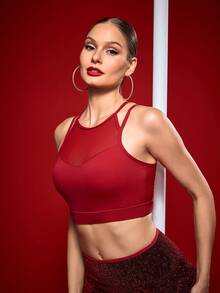 Menodora SHEIN Sport Áo ngực thể thao dây mảnh khoét rỗng phối lưới màu trơn dành cho nữ - Đỏ - Xem 5