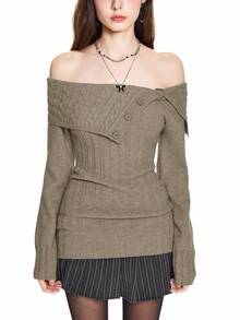 ROMWE Y2K风格露肩罗纹针织毛衣，腰部收紧 - 咖啡棕 - 查看 3