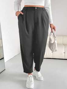 SHEIN Essnce 大码女装春秋时尚休闲宽松舒适日常基本百搭经典黑色锥形裤，女式下装，工作裤，秋季服装，简约风格 - 深灰色 - 查看 4