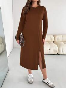 SHEIN Essnce 大码女装春秋季时尚休闲宽松舒适基础款日常百搭显瘦腋下面料黑色长袖开衩中长连衣裙，简约风格，秋季服装 - 棕色 - 查看 4