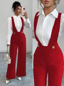 SHEIN Elenzya Women's Black Thick Fabric Deep V-Neck Waist Design Elegant Teacher's Outfit, Suitable For Independence Day, Cyber Monday, Halloween, Singles' Day, Back To School Party, Singles' Party, Holidays, Christmas Eve, Christmas, Halloween Eve, Thanksgiving, Christmas Carnival, Diwali, Travel, Workplace, Autumn Jumpsuit - Red - View 1