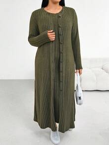 Shapeblank Plus-Size Women's Autumn/Winter Fashionable Casual Loose Comfortable Everyday Brushed Ribbed Warm Long Cardigan Coat And Vest Long Dress Green Two Pieces Set,Fall Outfits,Curve Pants,Simple Style - Green - View 4