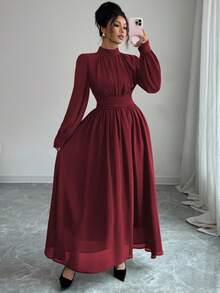 Elenzga 女士休闲、通勤、度假、下午茶、派对纯色棕色雪纺立领宽松交叉系带A字型蝴蝶结衬里长袖连衣裙，春/秋/冬 - 酒紅色 - 查看 4