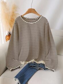 CosyJoli Women's Plus Size Round Neck Tassel Hem Striped T-Shirt, Casual All-Match Versatile Plus Size Tee/Fall/Winter Striped Long Sleeve Knit Tops Stripe Top Striped Sweater - Brown - View 4