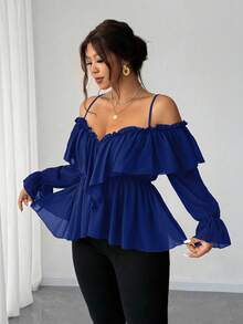 Elenzga Blusa sexy de hombros descubiertos y espalda descubierta de talla grande - azul real - Ver 6