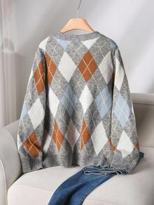 CosyJoli Plus Size Women Argyle Pattern Crew Neck Long Sleeve Casual Loose Knit Sweater, Autumn/Winter - Multicolor - View 2