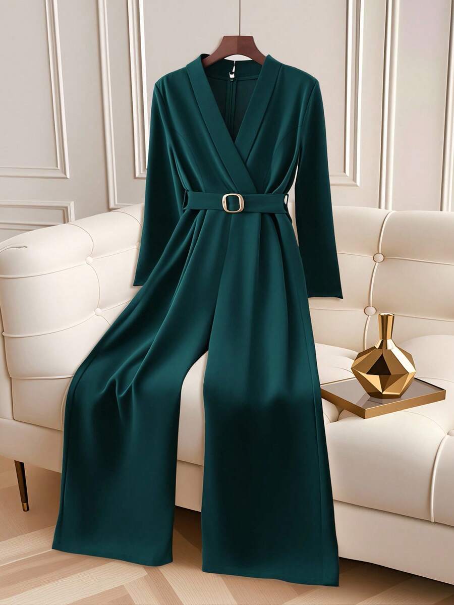 Franclia 大码V领长袖连体裤，时尚商务通勤风 - 綠色 - 查看 1