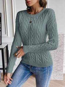 SHEIN LUNE Casual Solid Color Crew Neck Sweater, Autumn/Winter - Dusty Blue - View 4