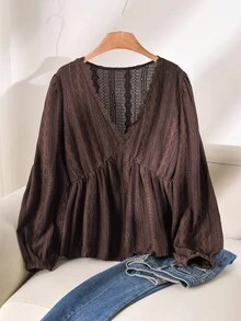 CosyJoli 女式加大码 V 领长袖收腰纹理棕色长袖 T 恤，休闲百搭日常穿着