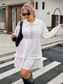 Lounesse Plus Size Women V-Neck Beige Pleated Hem Dress Romantic - Beige - View 1