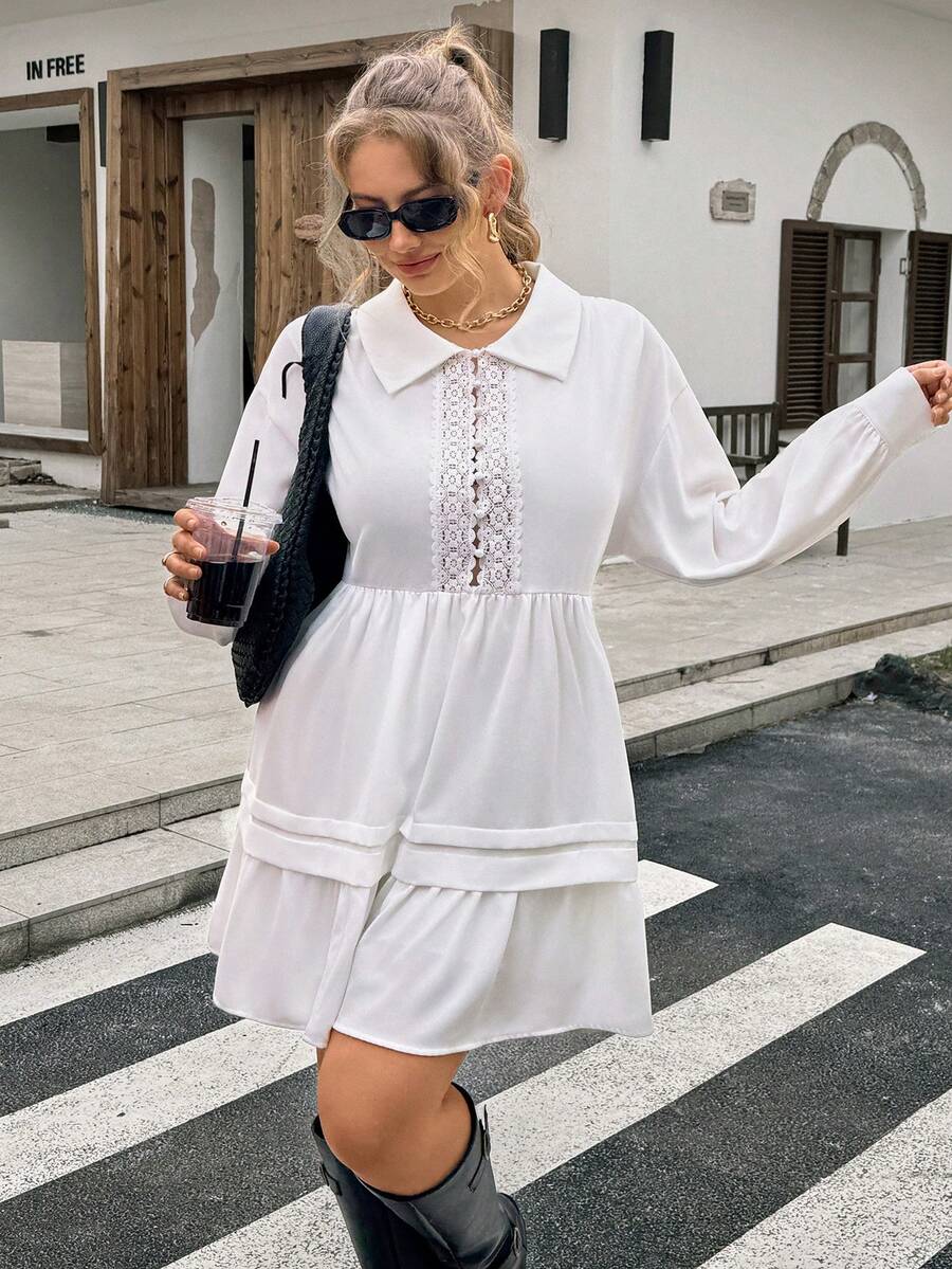 Lounesse Plus Size Women V-Neck Beige Pleated Hem Dress Romantic - Beige - View 1