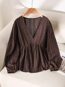 CosyJoli 女式加大码 V 领长袖收腰纹理棕色长袖 T 恤，休闲百搭日常穿着