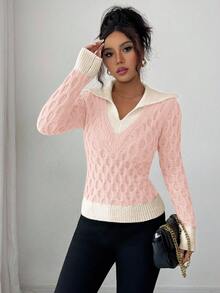 Elenzga pull élégant à motif, coupe ajustée, design mode 2 en 1 avec col en V, pour le travail et la vie quotidienne, nouvelle collection automne/hiver pour femmes - Rose bonbon - Voir 5