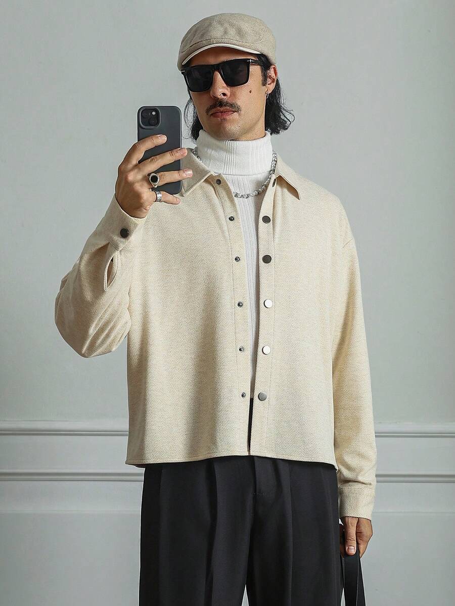 HUEFORM Men's Old Money Snap Design Casual Everyday Versatile Long Sleeve Shirt,Textured Fabric, Stiff Fabric Suitable For Commuting Occasions - Beige - View 1