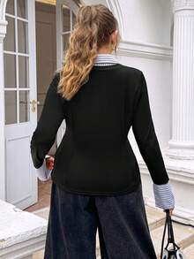SHEIN Frenchy Plus Size Striped Print Front Button Fitted Elegant Long Sleeve T-Shirt - Black - View 2