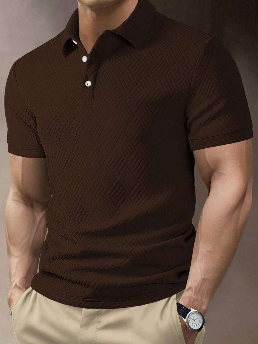 OTTIMOZO Camisa polo de manga corta con textura de unicolor minimalista para uso diario para hombres - Marrón - Ver 1