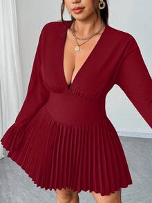 Elenzga Plus Size Elegant Solid Color Flared Sleeve Pleated Hem Midi Dress, Suitable For Commuting - Red - View 2