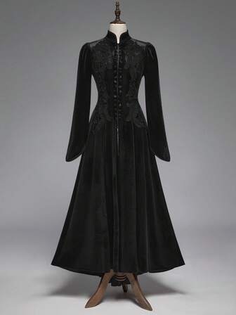 Gothic Retro Palace Style Contrast Color Lace Trim Velvet Long Jacket For Women