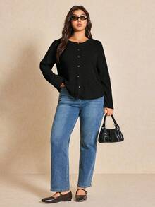 Elaquor Plus Size Women Casual Solid Color Ribbed Button T-Shirt/Winter Button Up Top