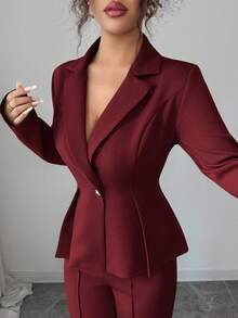 Elenzga Tall 女士酒红色厚面料V领西装外套，配黑色撞色纽扣和装饰性口袋，优雅专业的教师制服套装，适合感恩节、万圣节、秋季新品等场合，时尚必备单品，长袖宽松直筒裤两件套，情人节礼物之选。 - 酒紅色 - 查看 7