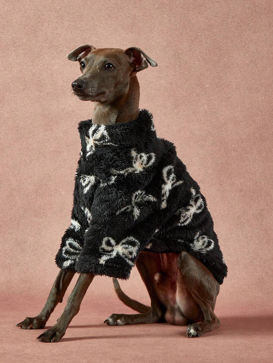 PETSIN Pawparrel 1件宠物通用秋冬双面毛绒弹力舒适保暖面料高领时尚复古黑白蝴蝶结图案狗狗卫衣 - 彩色 - 查看 1