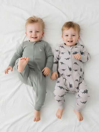 2件装男婴卡通图案纯色圆领长袖连体衣“贴身”睡衣