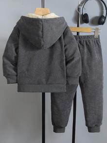 2pcs/Set Young Boy Casual Grey Corduroy & Thermal Lined Hooded Jacket With English Letter Patch And Elastic Waist Pants, Suitable For 4Y-7Y Boys Outdoor, Street Autumn/Winter,Thermal Thermal Lined - Grey - View 2