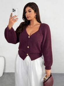 Firerie 大码纯色前扣心形领休闲长袖开衫 - 紅色 - 查看 1