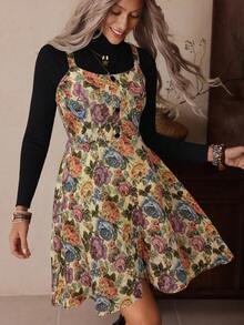 LanaWest Đầm/Áo kiểu dáng chữ A rộng rãi thoải mái, chất liệu vải jacquard cổ điển màu đen, không tay, xếp ly/cổ tròn, cài nút đơn, lưng có thể điều chỉnh, cạp chun, thoải mái, đa năng, thời trang phương Tây - Màu Khaki - Xem 3