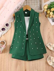 SHEIN Elladie kids 女童三件套正式套装：粉色西装外套、针织吊带背心、珍珠装饰短裤，休闲优雅夏季装扮 - 綠色 - 查看 6