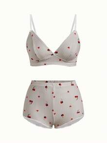 Bonmuse 3件套女士樱桃印花荷叶边内衣文胸和内裤套装 - 彩色 - 查看 5