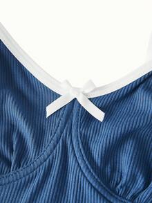 Bonmuse 3pcs/Set Women Solid Color Ruffle Trim Bow Camisole Top & Pants Pajama Setfor Summer - Multicolor - View 14