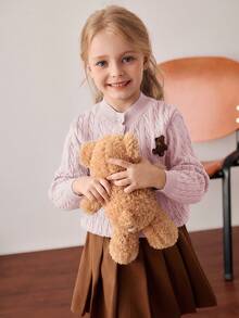 PrepCrw Young Girls' Collegiate Style Bear Embroidery Patch Front Knit Cardigan - Dusty Pink - View 7