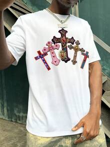 Rovax Comfortable Men's White Crew Neck T-Shirt, Cross Jesus Print T-Shirt, Crew Neck, Short Sleeve, Concert Wear T-Shirt, Vintage Shirt, Graphic T-Shirt, Funny Shirt, Friend Gift,