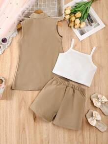 SHEIN Elladie kids 3件套少女粉色西装外套、吊带背心和珍珠短裤套装，休闲优雅夏季装扮 - 卡其色 - 查看 2