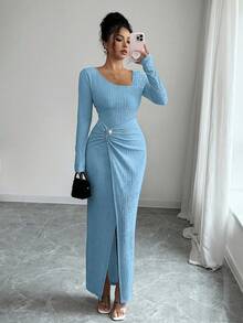 Elenzga Women's Solid Color Fashion Solid Color Twisted Long Dress ,Irregular-Neck Knitted Texture Tight Bodycon, Twisted And Slit Design Dress,Classy Outfits For Women,Fall Women Clothes,Winter Modest Clothes For Women - Blue - View 7