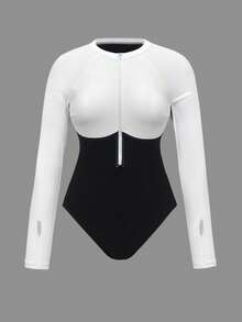 Swim SPRTY 女士夏季圆领长袖拉链连体泳衣，黑白拼接，沙滩度假畅销款连体泳衣，款式多样，包括保守款、长袖款、防晒款、修身款等。 - 黑與白 - 查看 2
