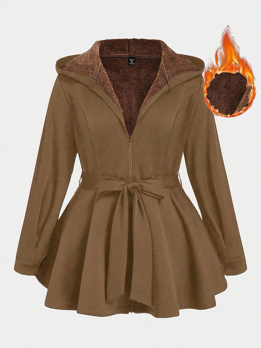 SHEIN Giacca con cappuccio imbottita e termica, elegante e alla moda, adatta per l'autunno/inverno, taglie comode - Cachi - Visualizzare 1